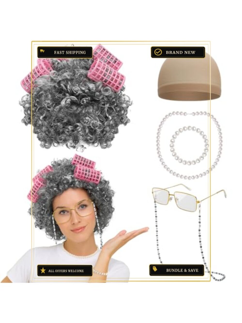 Girls Old Lady Costume Set with Curly Wig Glasses Jewelry Accessories